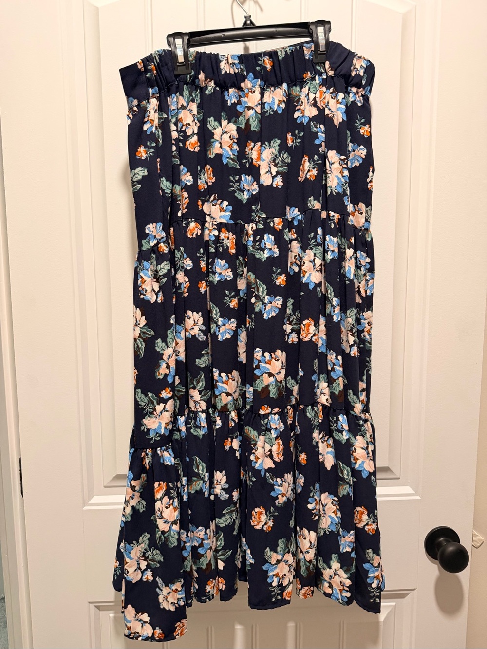 LC Lauren Conrad Navy Floral Midi Skirt with Peach and Light Blue Blooms